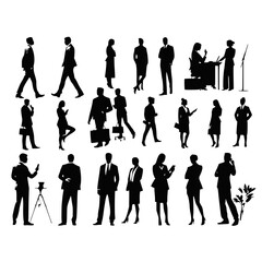 A comprehensive collection of vector silhouettes showcasing male and female office professionals in various work-related poses. These figures depict activities such as using laptops, talking on phones