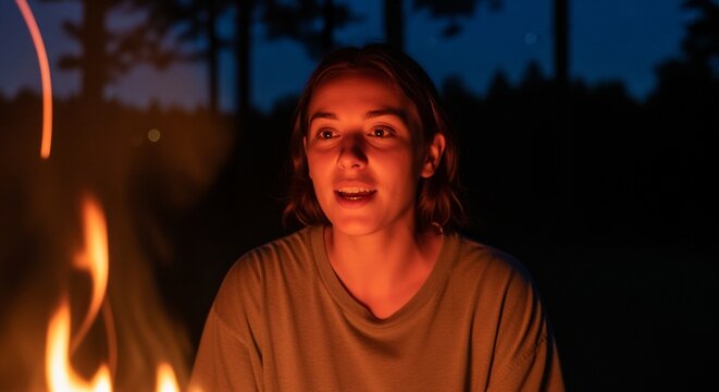 Campfire Storyteller: Young Woman Illuminated by Flickering Flames at Night
