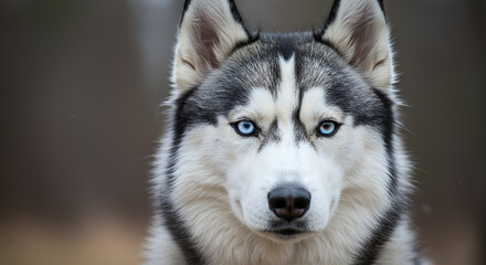 Close-up portrait of a beautiful husky dog with striking blue eyes gaze