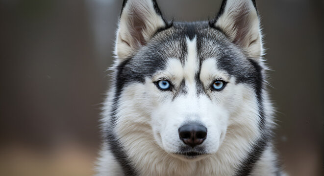 Close-up portrait of a beautiful husky dog with striking blue eyes gaze
