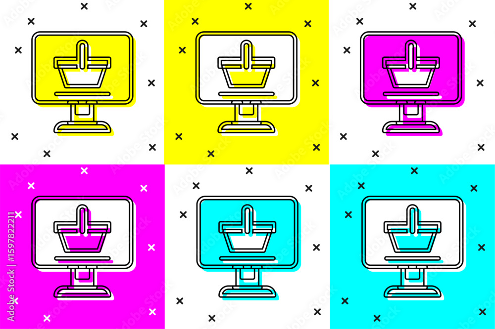 Poster set shopping cart on screen computer icon isolated on color background. concept e-commerce, e-busine