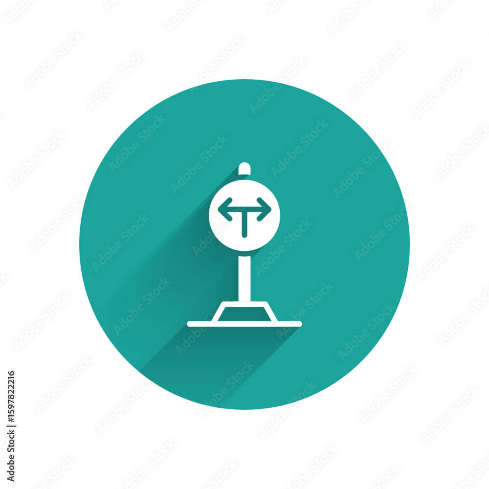 Poster white fork in the road icon isolated with long shadow background. green circle button. vector