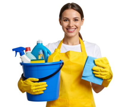 Cheerful Young Woman in Yellow Apron Holding Cleaning Bucket and Cloth, Transparent Background PNG