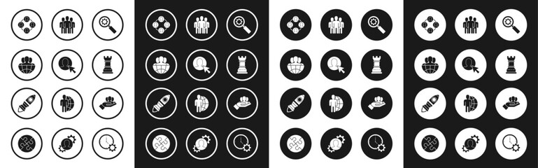 Set Magnifying glass and gear, User of man business suit, Globe people, Project team base, Business strategy, Users group, and Rocket ship with fire icon. Vector