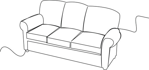 Modern comfy furniture sofa for home interior in trendy hygge style outline contour lines. Doodle vector illustration.
