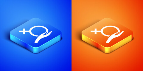 Isometric Female gender symbol icon isolated on blue and orange background. Venus symbol. The symbol for a female organism or woman. Square button. Vector © Oksana