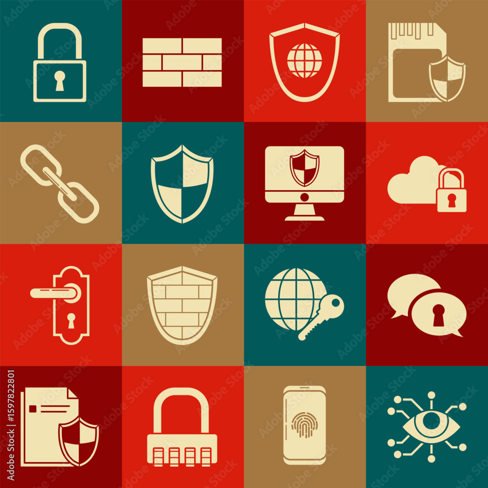 Aufkleber set eye scan, protection of personal data, cloud computing lock, shield with world globe, chain link
