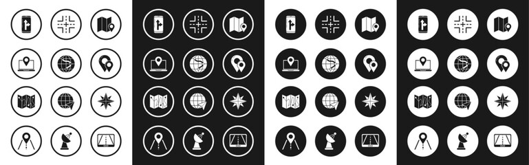 Set Folded map with location marker, Location the globe, Laptop, Infographic of city navigation, Map pin, Road traffic sign, Wind rose and icon. Vector