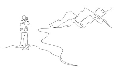 Continuous one line drawing of photographer capturing scenic view of distant mountains, tourist photographer concept,  single line art.