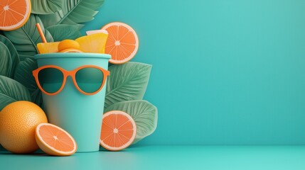 Refreshing Tropical Drink with Fruits and Leaves on Vibrant Background