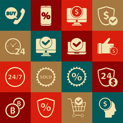 Set Business man planning mind, Shield with dollar, Hand holding coin, Computer monitor, Clock 24 hours, Phone speech bubble Buy and Laptop icon. Vector