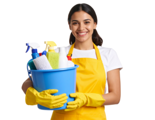 Cheerful Young Woman in Yellow Apron Holding Cleaning Bucket and Cloth, Transparent Background PNG