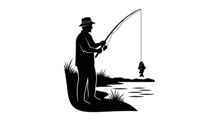 Obraz premium Fisherman Silhouette with a Catch at the Lakeshore