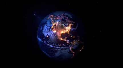 The earth glows with city lights at night, a vibrant planet suspended in the darkness of space