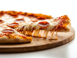 Delicious Pepperoni Pizza with Melted Cheese on Wooden Board