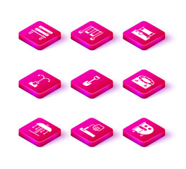 Fototapeta premium Set Attraction carousel, Basketball backboard, Street light, Shovel toy, Kid playground slide pipe, Jumping trampoline, Volleyball net with and Double swing icon. Vector