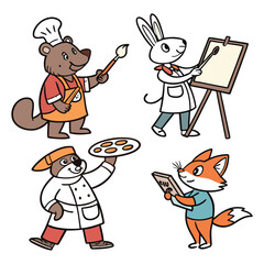 Animal profession icon pack with bear chef, rabbit doctor, fox teacher, and cat artist in cartoon vector