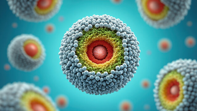 Liposome structure, layered nanospheres, molecular delivery system, pharmaceutical technology background, 3D biomolecule visualization, cosmetic lipid vesicles, scientific nanotech capsule design