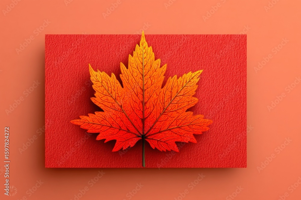 Poster red maple leaf highlighted on a textured red and orange background