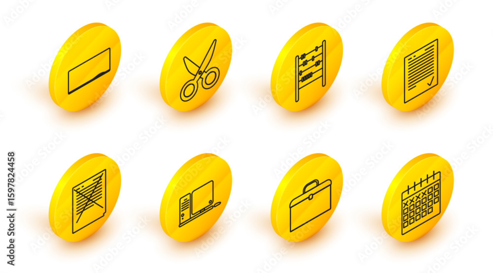 Poster set line calendar, briefcase, computer monitor with keyboard and mouse, exam paper incorrect answers