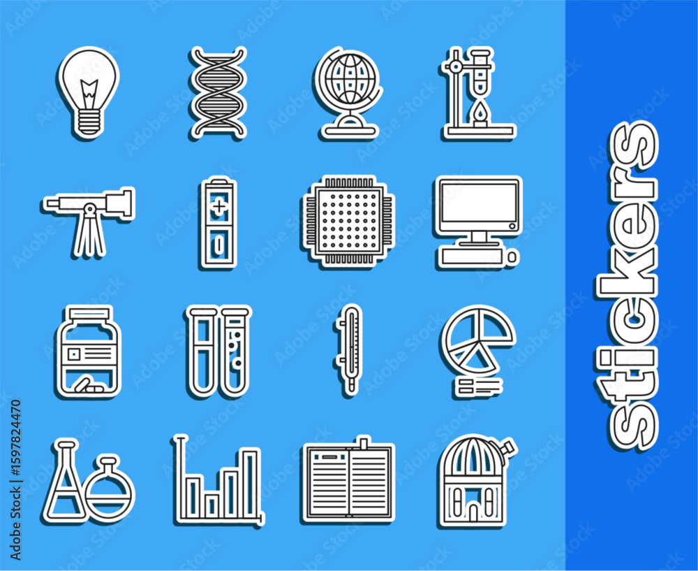 Fototapete Set line Astronomical observatory, Pie chart infographic, Computer monitor with keyboard and mouse, Earth globe, Battery, Telescope, Light bulb concept of idea and Processor icon. Vector
