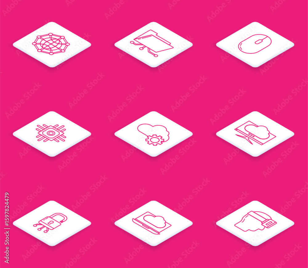 Poster set line global technology or social network, folder and lock, computer mouse, processor, cloud data