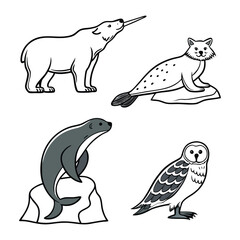 Set of Vector Animal Illustrations Featuring Polar Bear and Fox