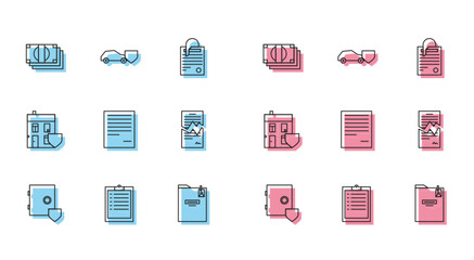 Set line Safe with shield, Clipboard checklist, Stacks paper money cash, Personal folder, Document, Torn contract, House and Car icon. Vector