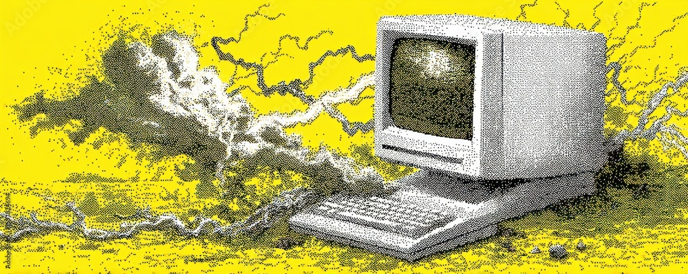 Fototapete retro computer with graphics depicting electricity and lightning on vibrant yellow