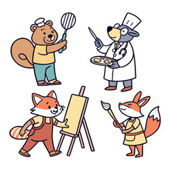 Set of 4 cartoon animal characters in creative and culinary professions