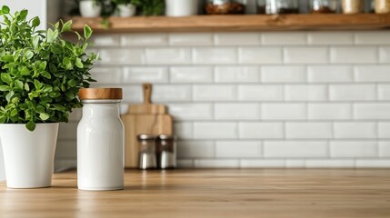 Fresh Kitchen Scene with Potted Plant and Glass Jar on Wooden Table