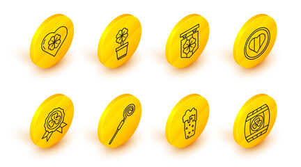 Set line Wooden barrel with four leaf clover, Glass of beer, Walking stick, Medal, Heart and Happy Saint Patrick day, Street signboard, Four pot and icon. Vector