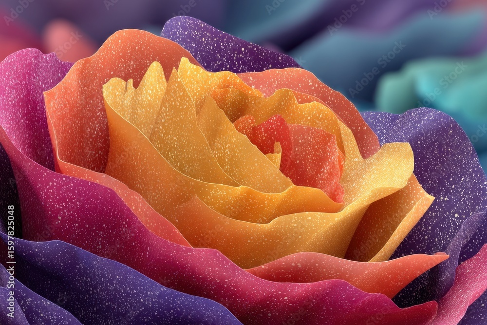 Poster close-up of a vibrant multicolored rose with intricate texture and gradient hues