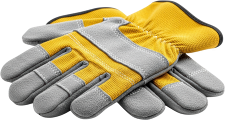 A pair of yellow and grey work gloves with white stitching arranged on a black surface transparent background