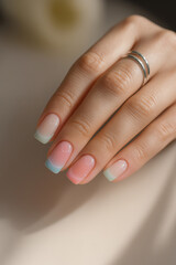 Fototapeta premium Close-up of well-manicured nails with a creative French manicure and delicate rings. Ideal for content about beauty, nail art trends, and wellness.