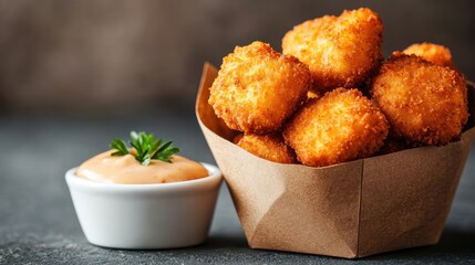 Crispy Golden Chicken Nuggets with Dipping Sauce in Rustic Setting