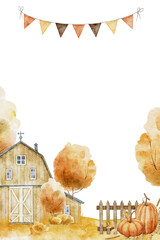 Watercolor autumn Card Template with a rustic barn, pumpkins, and banner garland in a fall landscape setting. Illustration of rustic scene for harvest festival invitations or thanksgiving cards.