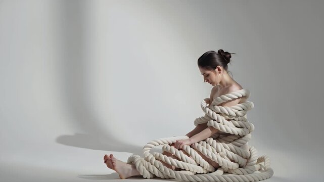 A woman draped in rope, seated against a light background