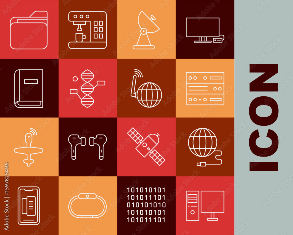 Poster set line computer monitor, social network, server, data, web hosting, radar, dna symbol, user manual