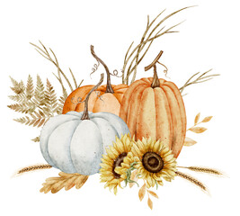 Watercolor composition of pumpkins and sunflowers, dry leaves and fern. Botanical drawing for autumn harvest, farm or seasonal designs. Art with Gourd and Squash for harvest festival invitations.