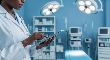 Black female doctor using digital tablet in modern hospital operating room with medical equipment and technology.