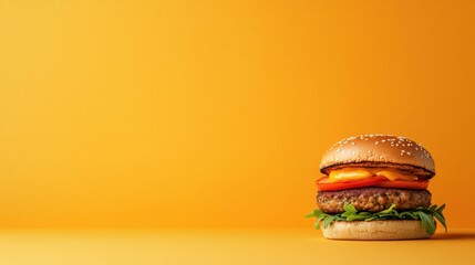 Delicious Burger Image on Vibrant Yellow Background for Marketing Use