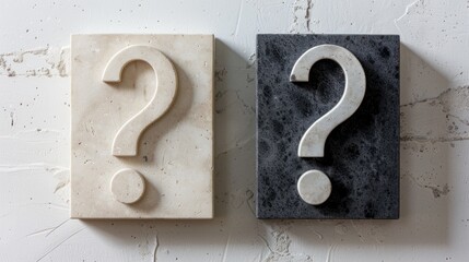 Two question mark sculptures; one tan, one dark gray, on a textured white wall