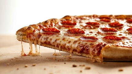 Delicious Pepperoni Pizza Slice with Cheese Pull on Wooden Surface