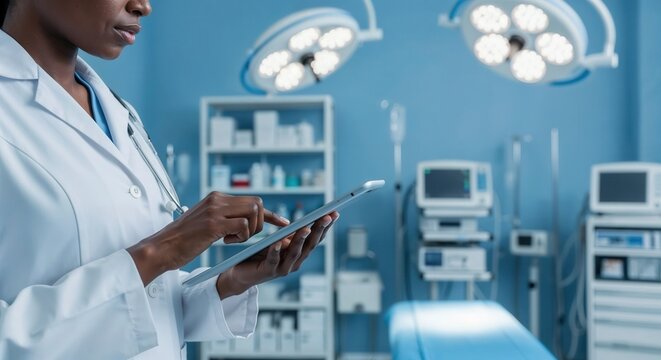 Black female doctor using digital tablet in modern hospital operating room with medical equipment and technology.