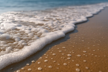 Close-up of ocean wave gently washing over sandy beach with soft natural light