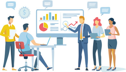 Business team presenting data analysis on screen with charts and graphs to colleagues in office space