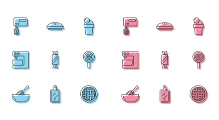 Set line Kitchen whisk and bowl, Cutting board, Electric mixer, Homemade pie, Candy, Lollipop, and icon. Vector