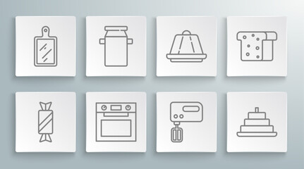 Set line Candy, container for milk, Oven, Electric mixer, Cake with burning candles, Pudding custard, Bread toast and Cutting board icon. Vector