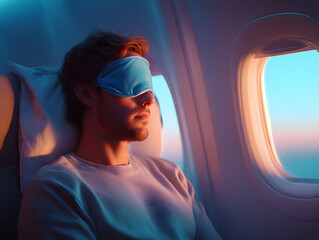 A man lying comfortably in a business class airplane seat at night, wearing a light blue and white sleep mask.